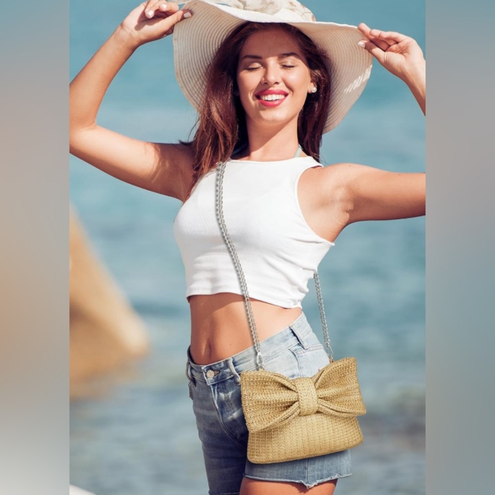 Adorable bow straw beach summer boho handbag shoulder bag - Picture 2 of 3